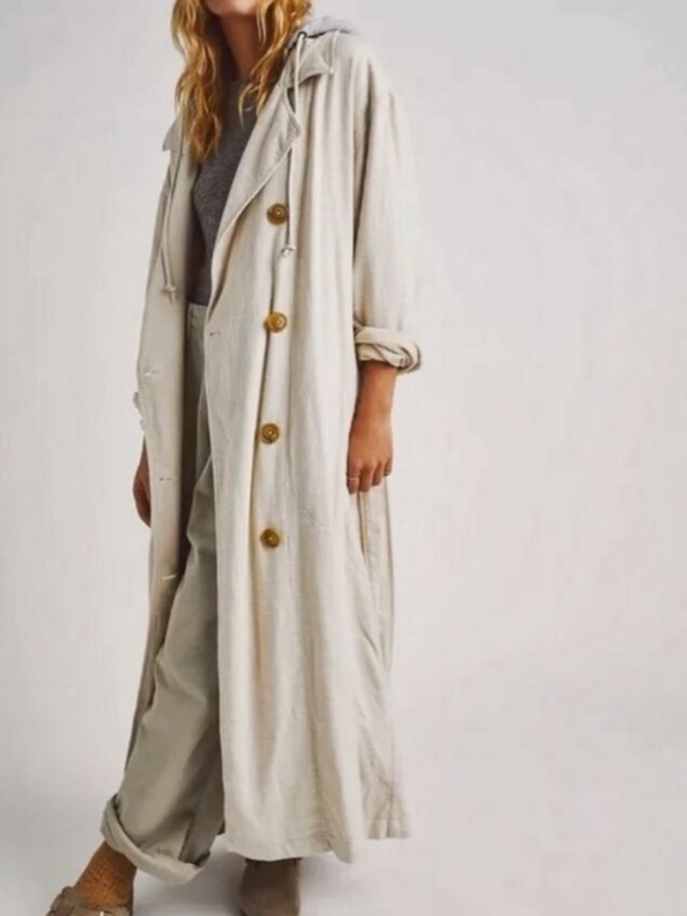 NEW Free People Charlie Trench Coat Ivory Grey Linen Blend Size Large Hooded